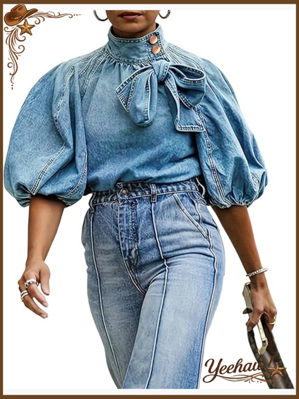 Women's Denim Pullover Top Bow Button Mock Neck Puff Sleeve Jacket - Picture 1 of 7
